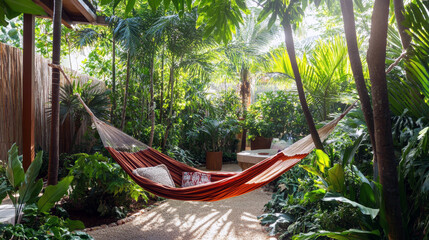 Tropical garden retreat with cozy hammock and lush greenery.