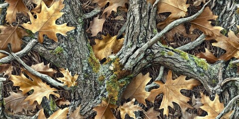 Autumn Oak Camo Seamless Tree Bark and Leaf Texture, Hunting Pattern, Fall Foliage Hunting Camouflage, Fall Background