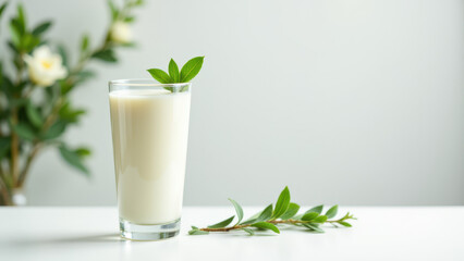 A glass of milk with a garnish on top, set against a clean background for stock photography purposes.