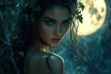 Mysterious woman moonlit forest enigmatic gaze