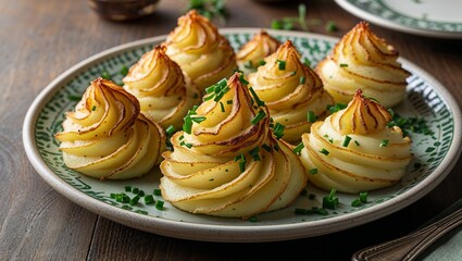 Duchess Potatoes, Elegant Side Dish, Baked Potatoes, Gourmet Food, Party Appetizer, Food Photography, Close Up, Golden Brown, Chives, Plated Food, Festive Meal, Potato Roses
