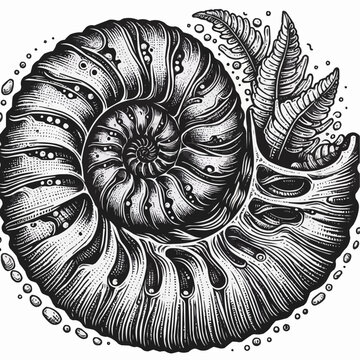 Detailed black and white illustration of a nautilus shell with ferns
