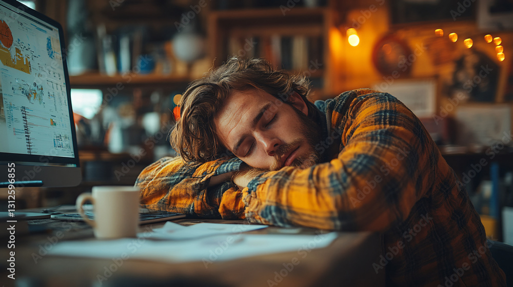 Poster exhausted worker sleeping on desk reflecting the demands of a fast-paced work environment and burnou
