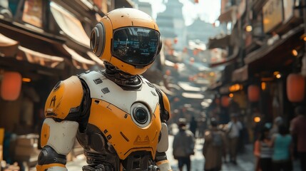 Fototapeta premium Futuristic robot stands in bustling Asian city