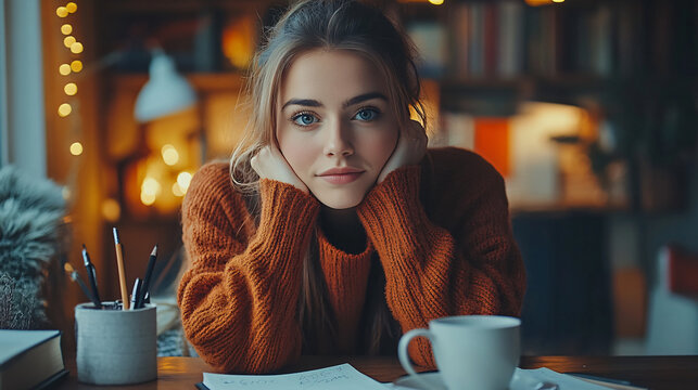 Young professional woman sitting at a table doodling on a notepad instead of working reflecting creative process - Powered by Adobe