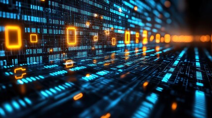 Glowing network Blue and orange digital lines and shapes in abstract perspective