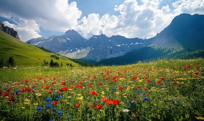Vibrant Wildflower Field Against Majestic Mountain Range