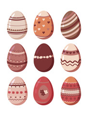 Easter eggs with different texture multicolored set isolated on a white background. Spring holiday. Happy Easter. Vector Illustration.