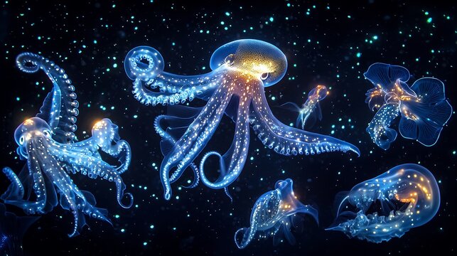 Bioluminescent ocean at midnight featuring firefly squid comb jellies deep sea dragonfish flashlight fish and glass octopuses glowing creatures illuminating the dark abyss