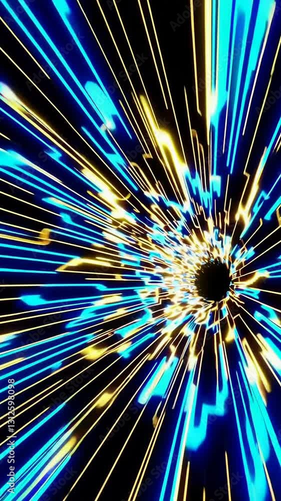Poster dynamic blue and gold light burst exploding towards black center in highspeed motion