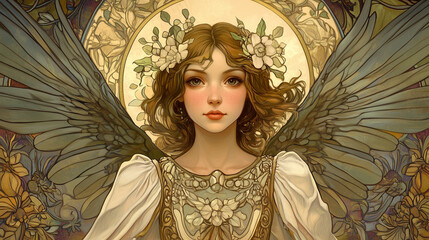 Serene angel with wings in floral background, spirituality and holiness