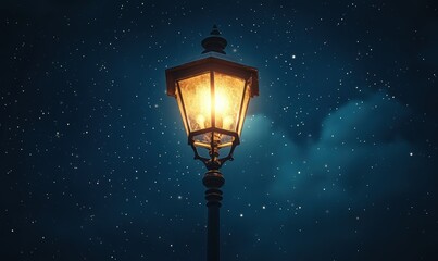 Vintage street lamp glowing under a starlit night sky