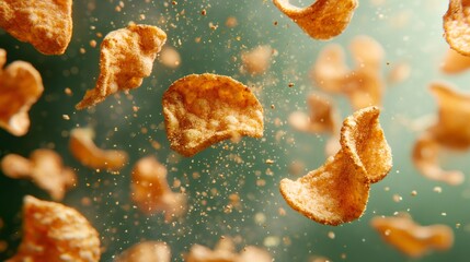 Potato chips falling and rotating on green background with seasoning dust