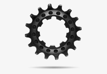 Black round bicycle Singlespeed cog,  sprocket  against white isolated background, floating above the surface. Professional bicycle part.