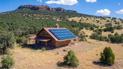 Solar-powered house in a vast landscape with mountains and blue sky, showcasing sustainable living