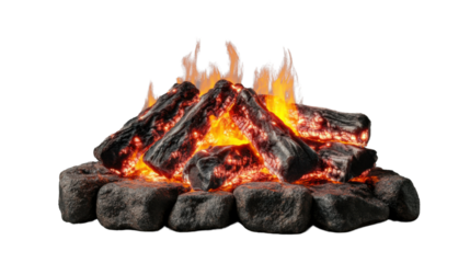 Burning firewood on transparent background creating warmth and comfort