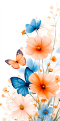 Colorful Butterflies Flying Around Vibrant Orange And Blue Flowers In A Soft Watercolor Style. Bright And Elegant Botanical Illustration Symbolizing Nature's Beauty, Growth, And Renewal.