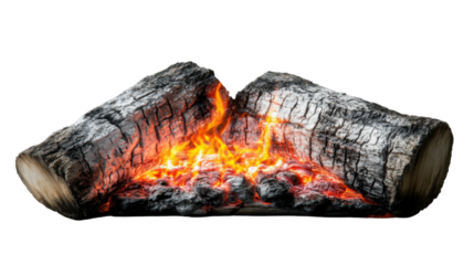 Two burning logs with transparent background creating cozy atmosphere