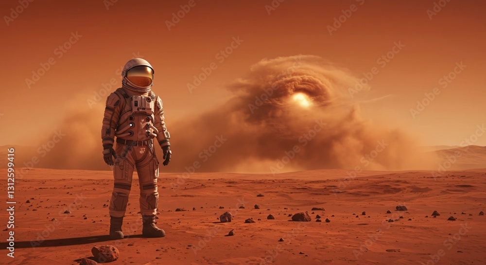 Poster man on mars in front of sandstorm. concept of space exploration, colonization of other planets and p