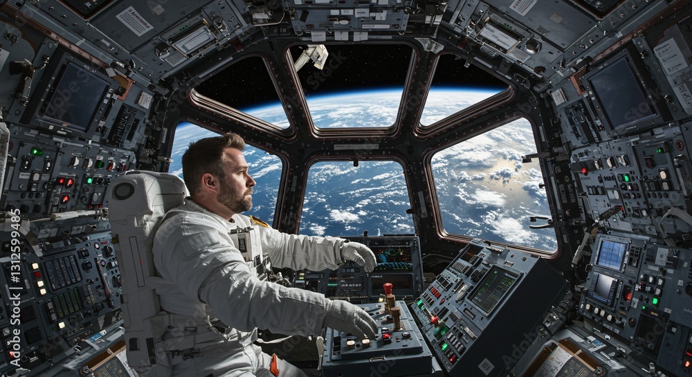Aufkleber man piloting a spacecraft looking at earth. astronaut in spaceship flight deck cockpit controls view