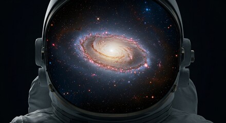 African american cosmonaut in space suit with vibrant spiral galaxy in helmet reflection for educational astronomy resource and cosmic exploration concepts
