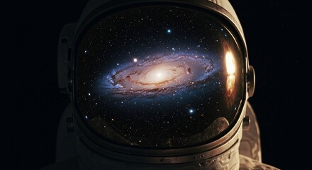 Dreamy outer space galaxy reflection in explorer helmet, futuristic inspiration, sci-fi universe exploration for science education, astronomy promotional project.