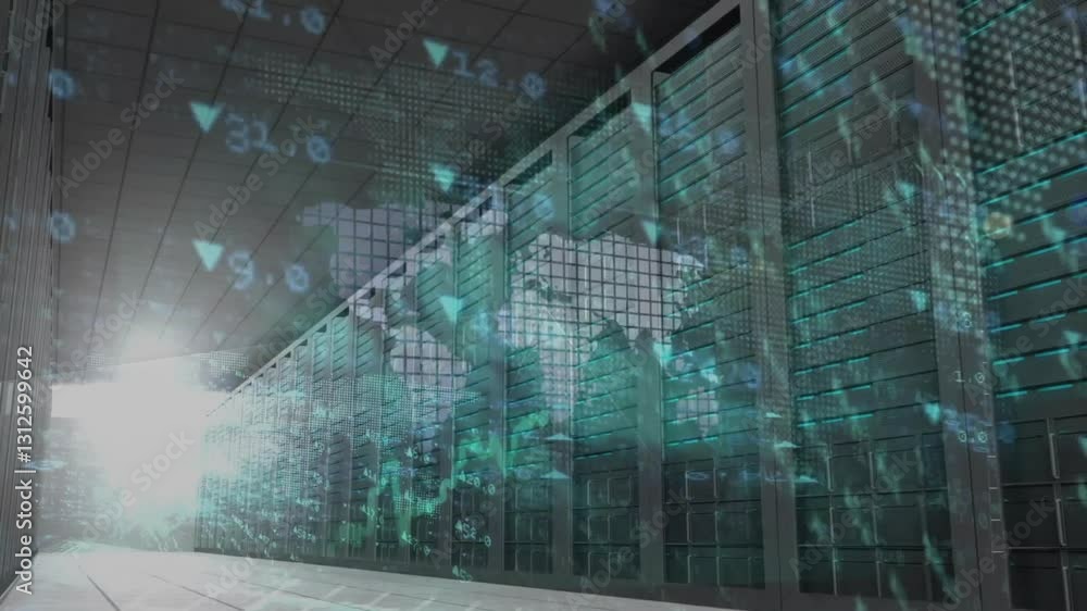 Poster digital world map and binary code animation over data center servers