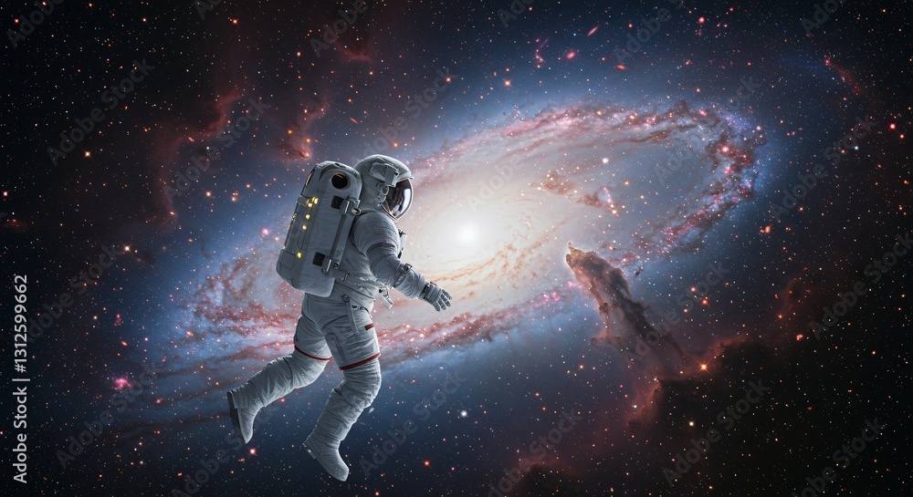 Poster man floating in zero gravity against galaxy background. futuristic astronaut exploring cosmic space 