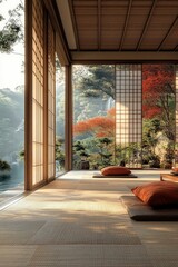 Serene Japanese room overlooking autumnal waterfall