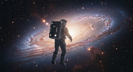 Obraz premium Man exploring vast spiral galaxy in deep space. Space traveler in spacesuit against galactic background. Adventure mission to the unknown for science and exploration.