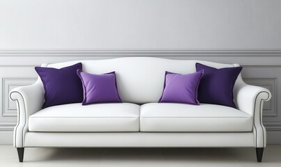 White sofa with purple pillows