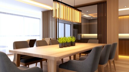 Fototapeta premium Modern dining room with wooden table and stylish chairs, featuring potted plants and bright lighting