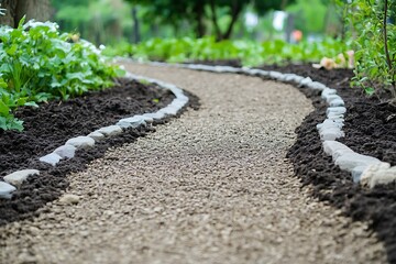 A serene gravel path winding through a vibrant garden filled with various plants and colorful flowers.