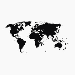 Black world map silhouette on white background