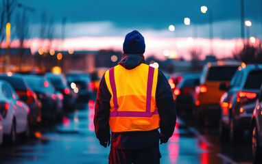 Traffic controller in reflective vest monitoring busy city streets at dusk with red taillights glowing in background