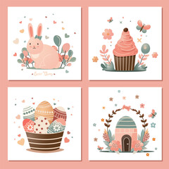 beautiful set of four easter cards with pink rabbit, eggs, easter cake, cute house in soft gradient. group of vector easter arts