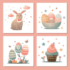 beautiful set of four easter cards with cute rabbit, eggs, easter cake in soft gradient. group of vector easter arts