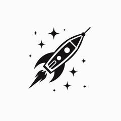 Rocket launching in space with stars and planets