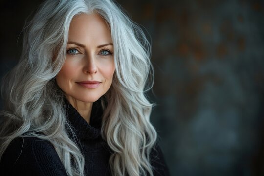 Beautiful mature woman showing her long gray hair