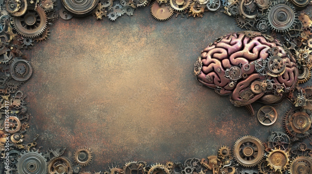 Poster steampunk style brain design crafted from gears and cogs showcasing metallic tones with an empty are