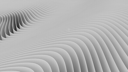 Graphic 3D rendering of white background, wavy lines form intricate elegant abstract striped pattern.
