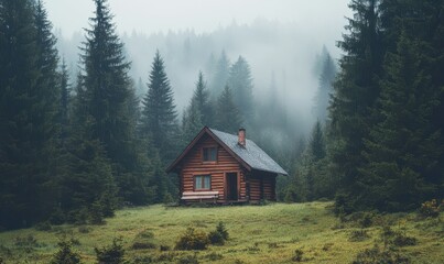 Enigmatic Journey: Discovering a Secluded Log Cabin in Enshrouded Pine Forest, Adventure Exploration Concept
