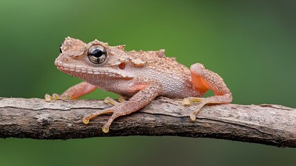 Small Light Brown Frog Perched on a Gray Branch Against a Green Background