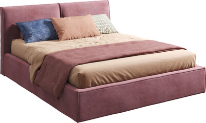 Perspective view of colorful double bed with headboard and blanket