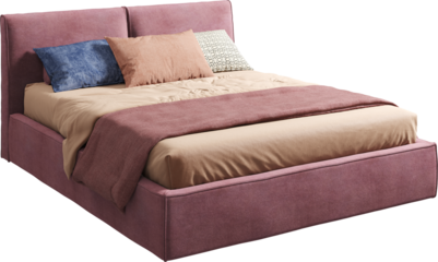 Perspective view of colorful double bed with headboard and blanket