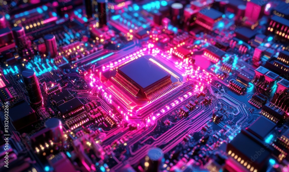 Poster bold depiction of abstract glowing circuitry illuminated by vibrant neon light creating a futuristic