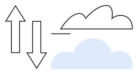 Arrows symbolize data flow to and from clouds, illustrating cloud computing concepts. Ideal for digital storage, networking, technology, communication, synchronization, accessibility, and innovation