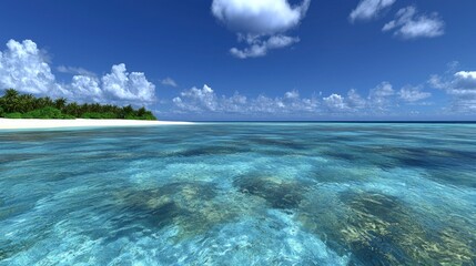 Tropical island beach scene, calm turquoise water, white sand, lush vegetation