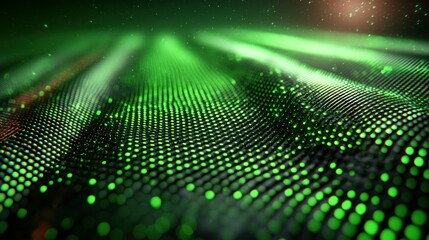 Green digital grid surface undulates, illuminated from above, abstract texture