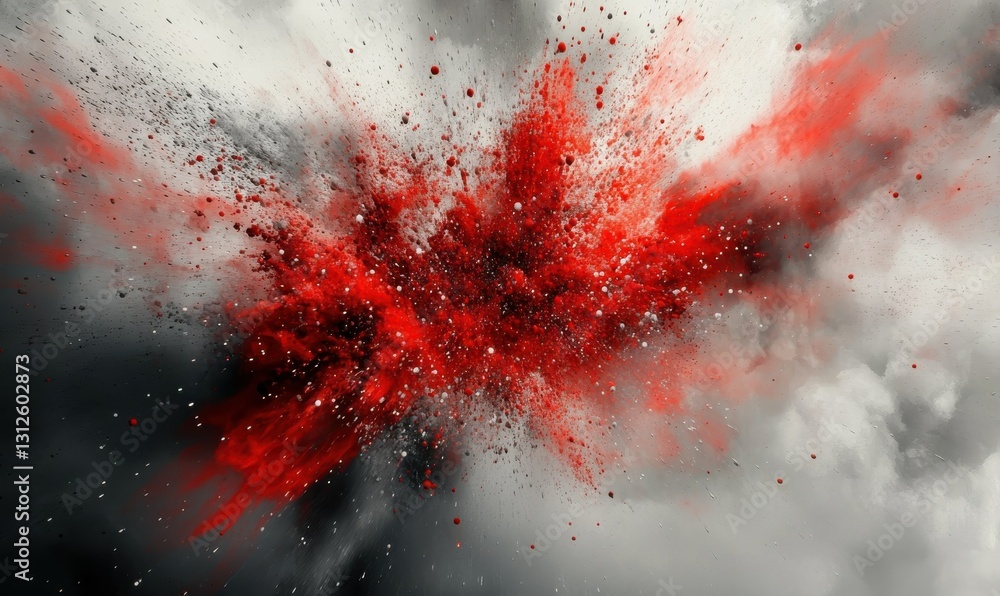 Poster dynamic explosion of red and gray particles frozen mid-motion, creating an intense and energetic abs